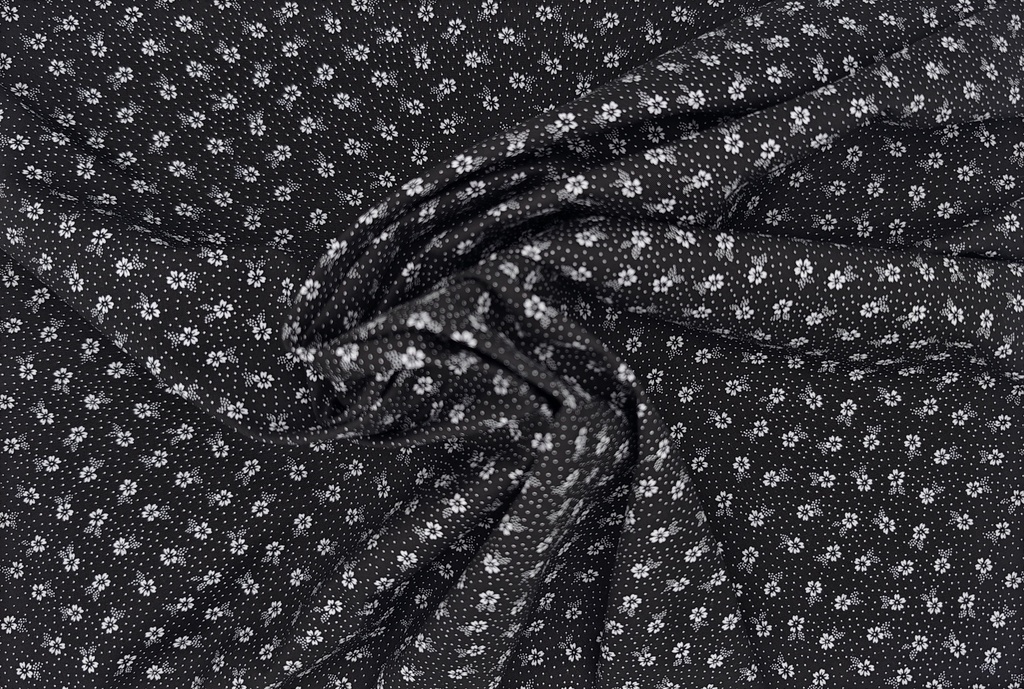 Popelín aldeana flores blanco y negro