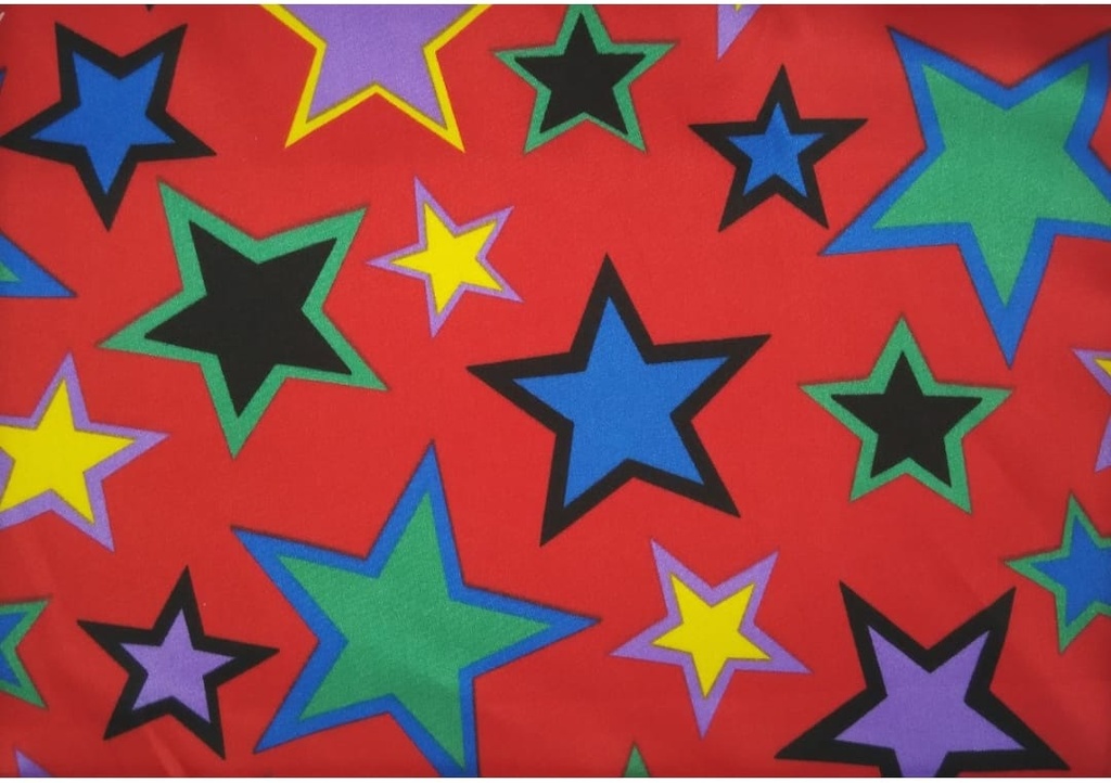 Raso rojo estrellas multicolor
