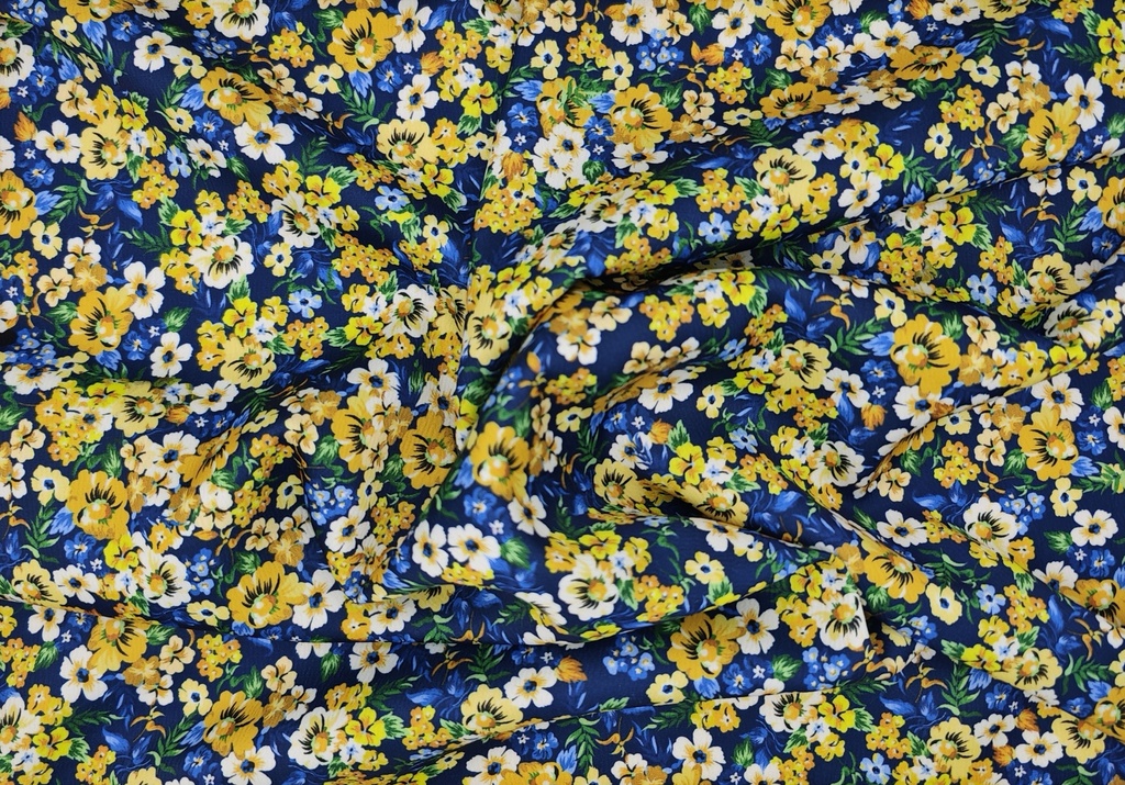 Satén  flores azul amarillo