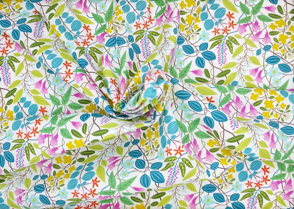 Popelín flor y hojas verde fucsia