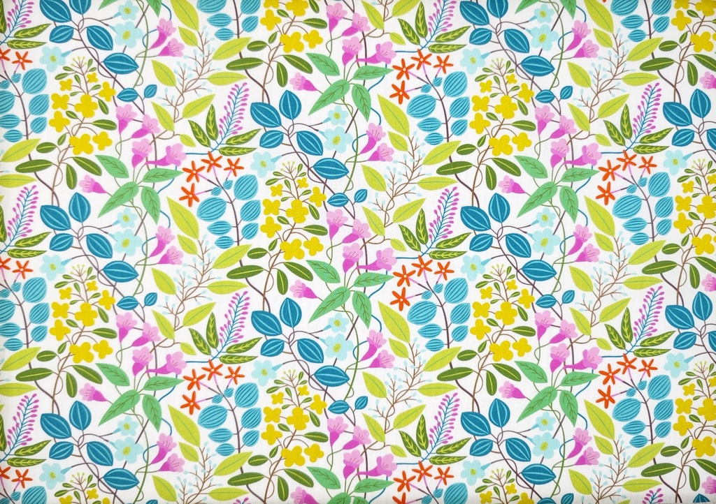 Popelín flor y hojas verde fucsia