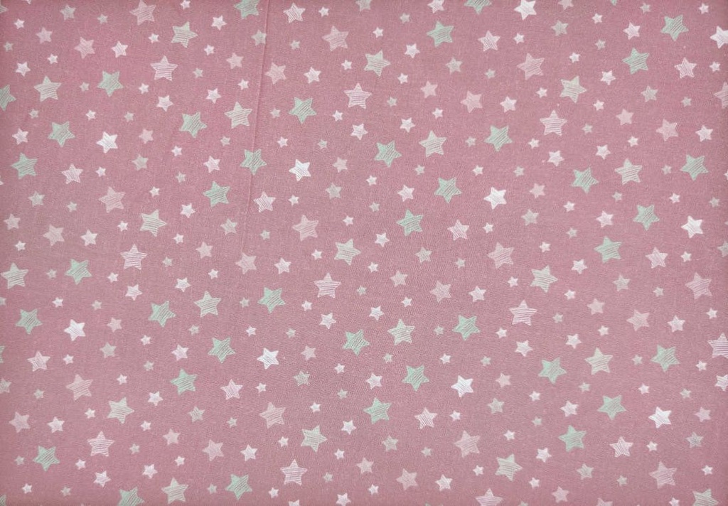 Popelín rosa con estrellas blanca y verde