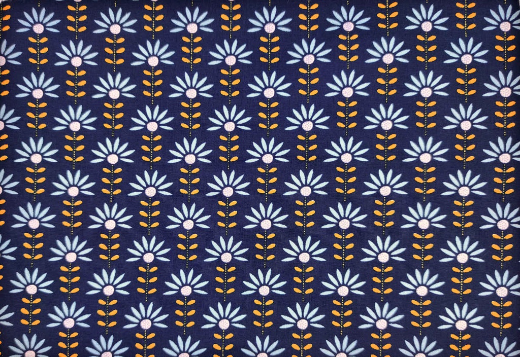 Popelin azul navy con margaritas celestes  y ocres