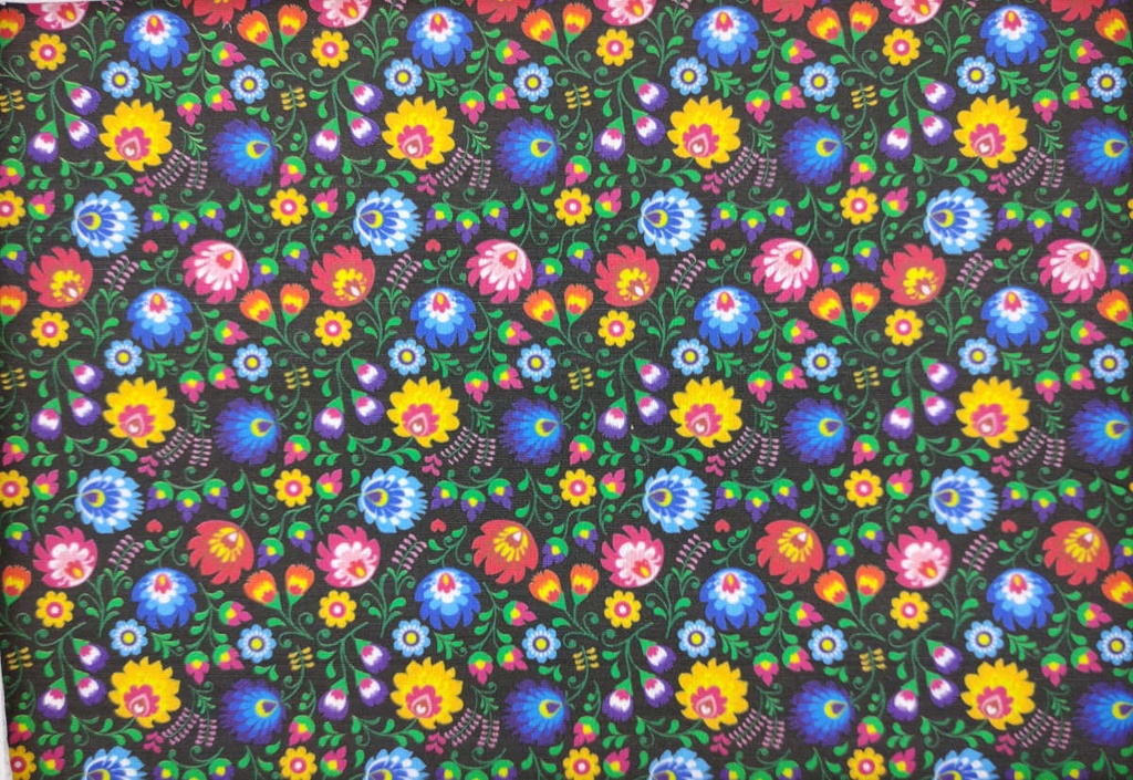 Algodón negro con flores multicolor