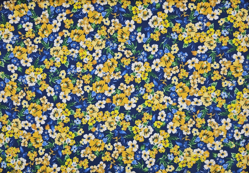 Satén  flores azul amarillo