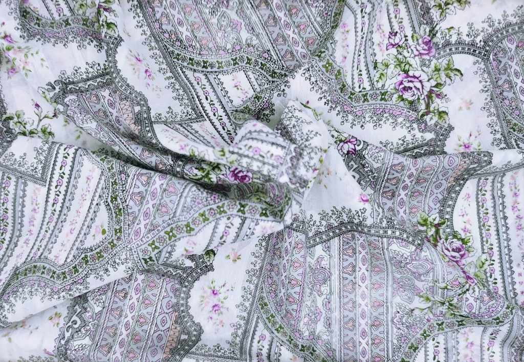 Voile flores blanco gris magenta