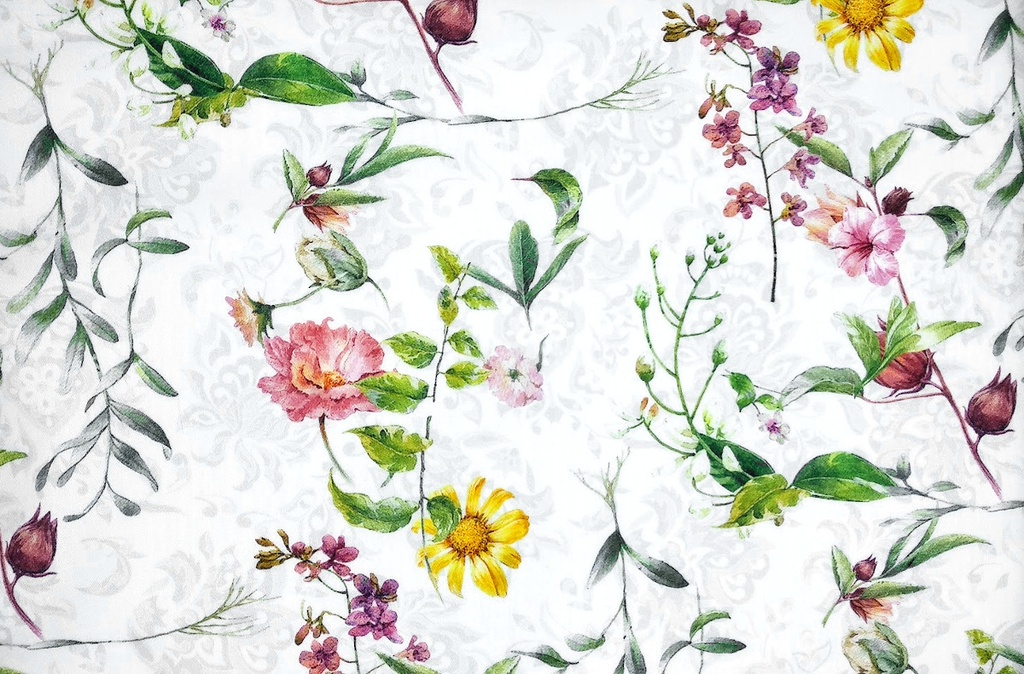 Algodón damasco blanco con flores multicolor