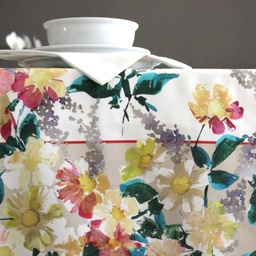 [sibenica] Mantelería algodón blanco flor multicolor con cenefa
