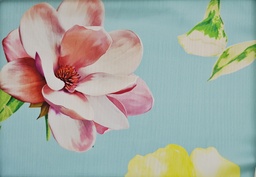 [959] Satén  flores aguamarina rosa amarillo